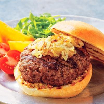 Brief-Stuffed Burgers with Caramelized Onions